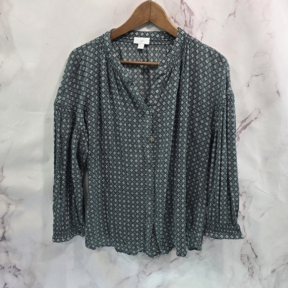 J Jill Shirt Women Medium Green White Geometric Button Up Blouse V Neck Popover - Picture 1 of 11